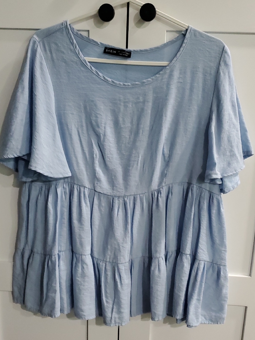 SHEIN Light Blue Ruffle Tiered Short Sleeve Blouse
